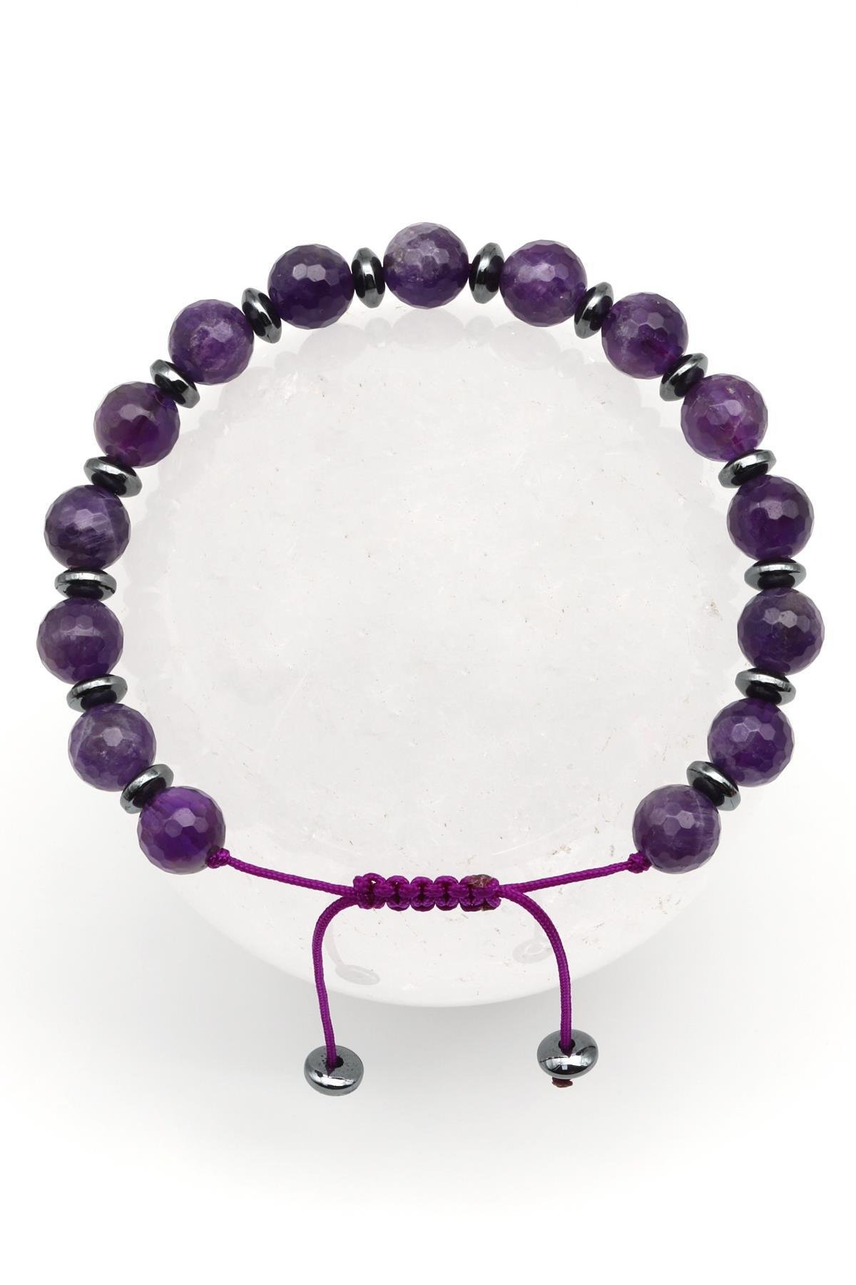 Ametist Doğal Taş Makrome Örme Bileklik Fasetli Kesim