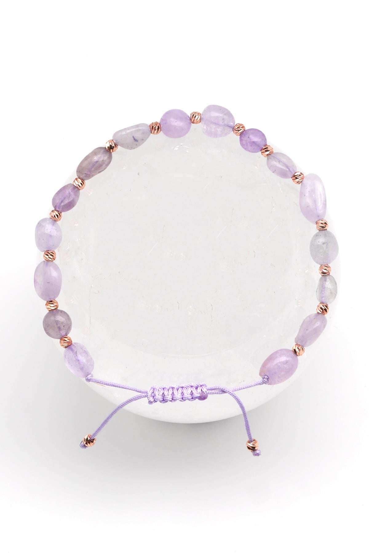 Ametist Doğal Taş Makrome Örme Bileklik Mercimek Kesim