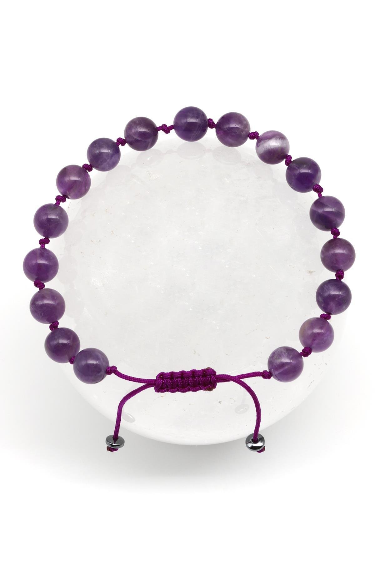 Ametist Doğal Taş Makrome Örme Bileklik Küre Kesim