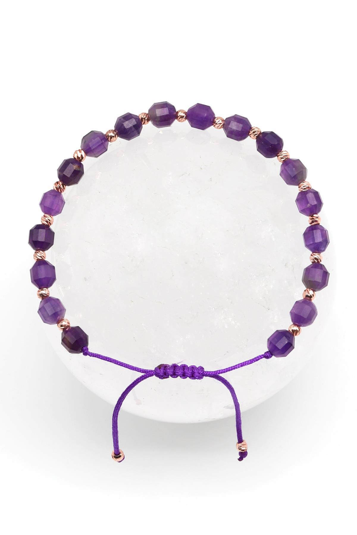 Ametist Doğal Taş Makrome Örme Bileklik Hexagonel Kesim