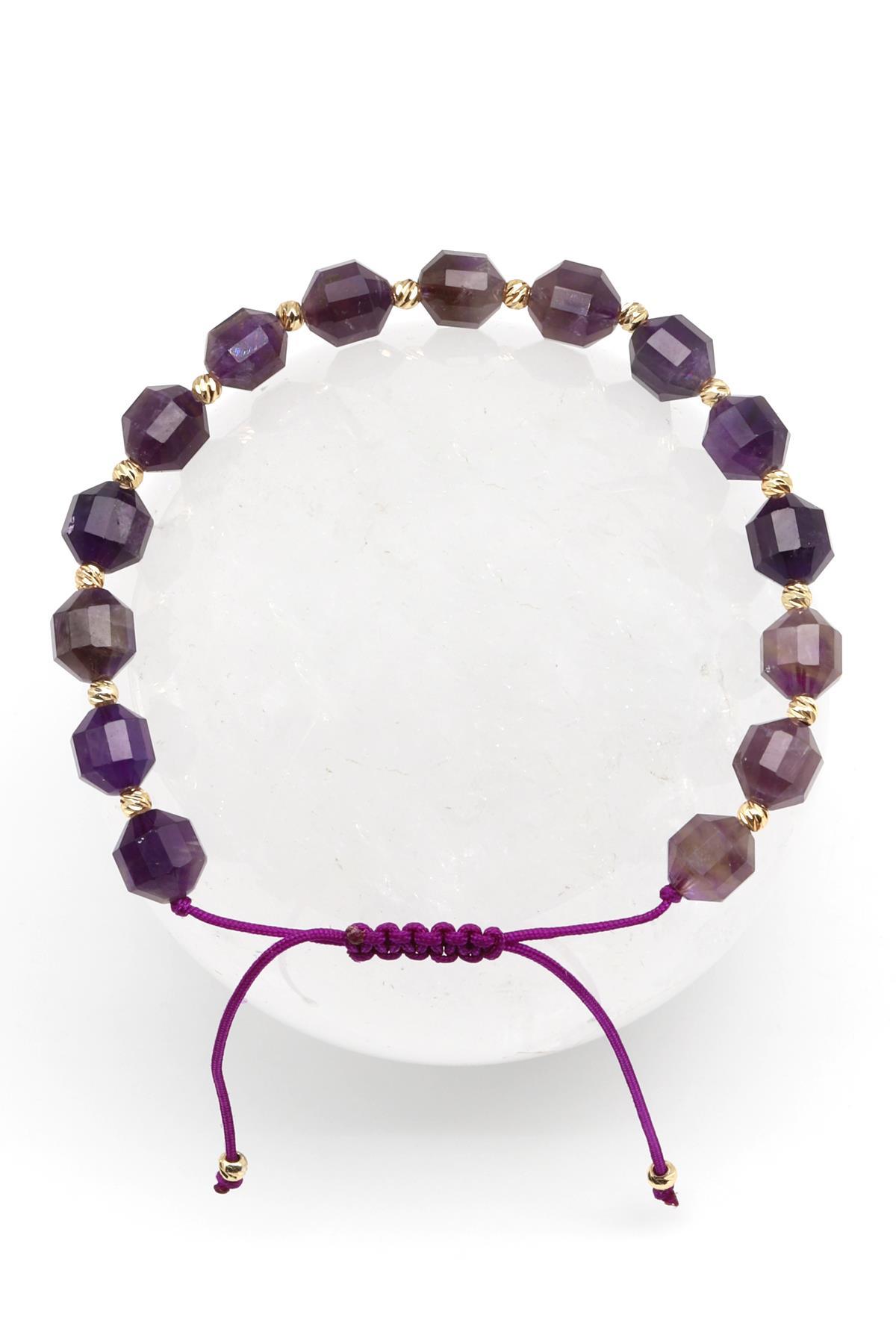 Ametist Doğal Taş Makrome Örme Bileklik Hexagonel Kesim