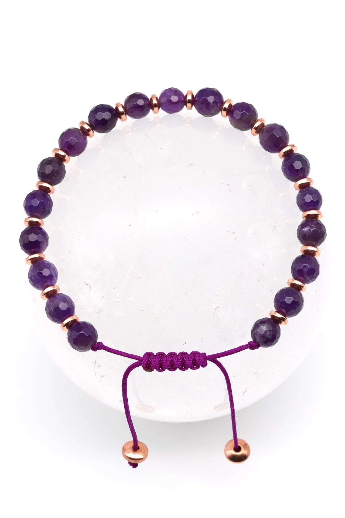 Ametist Doğal Taş Makrome Örme Bileklik Fasetli Kesim