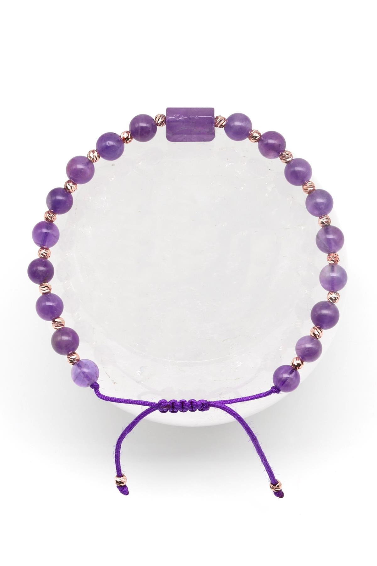 Ametist Doğal Taş Makrome Örme Bileklik Küre Kesim