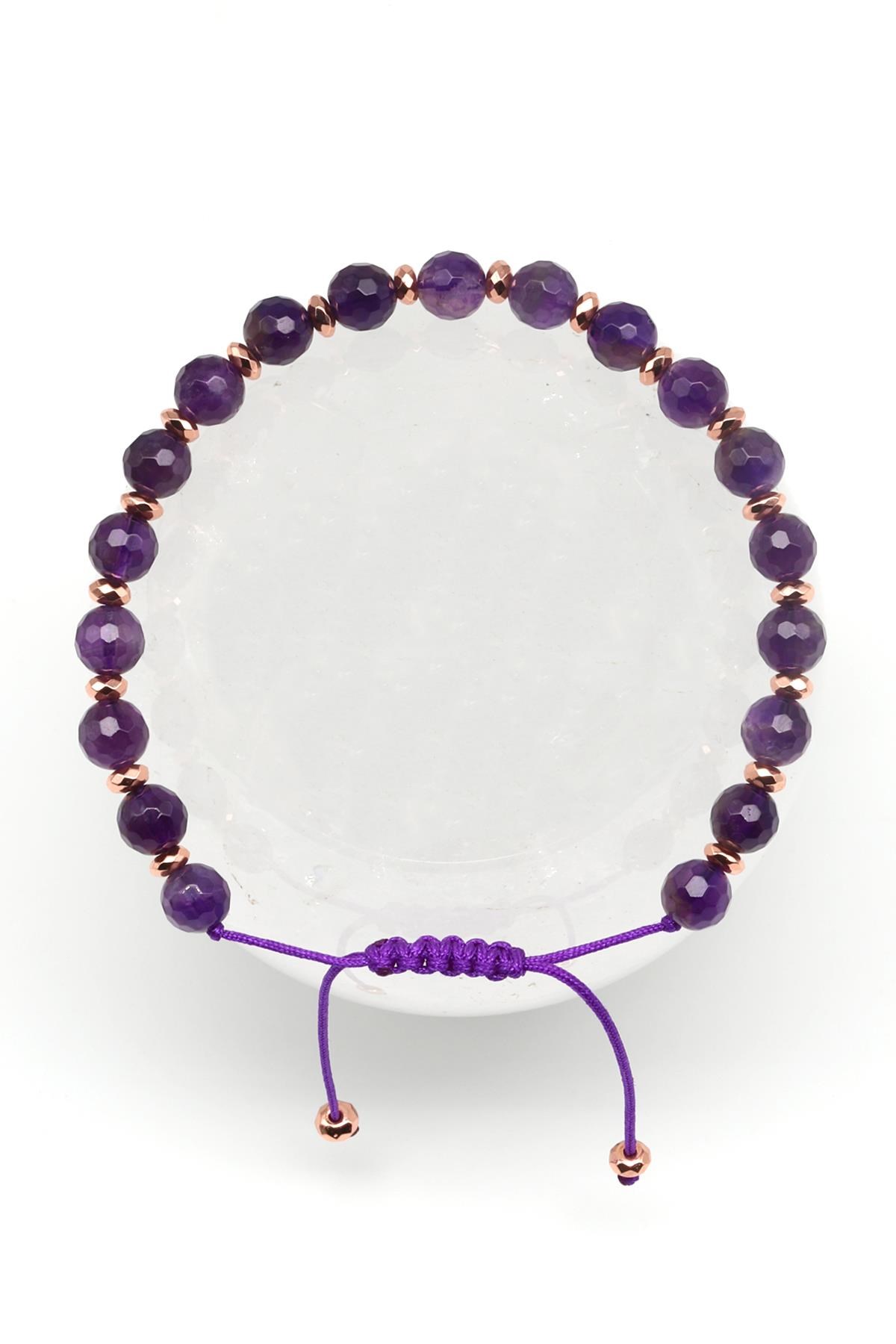 Ametist Doğal Taş Makrome Örme Bileklik Fasetli Küre Kesim