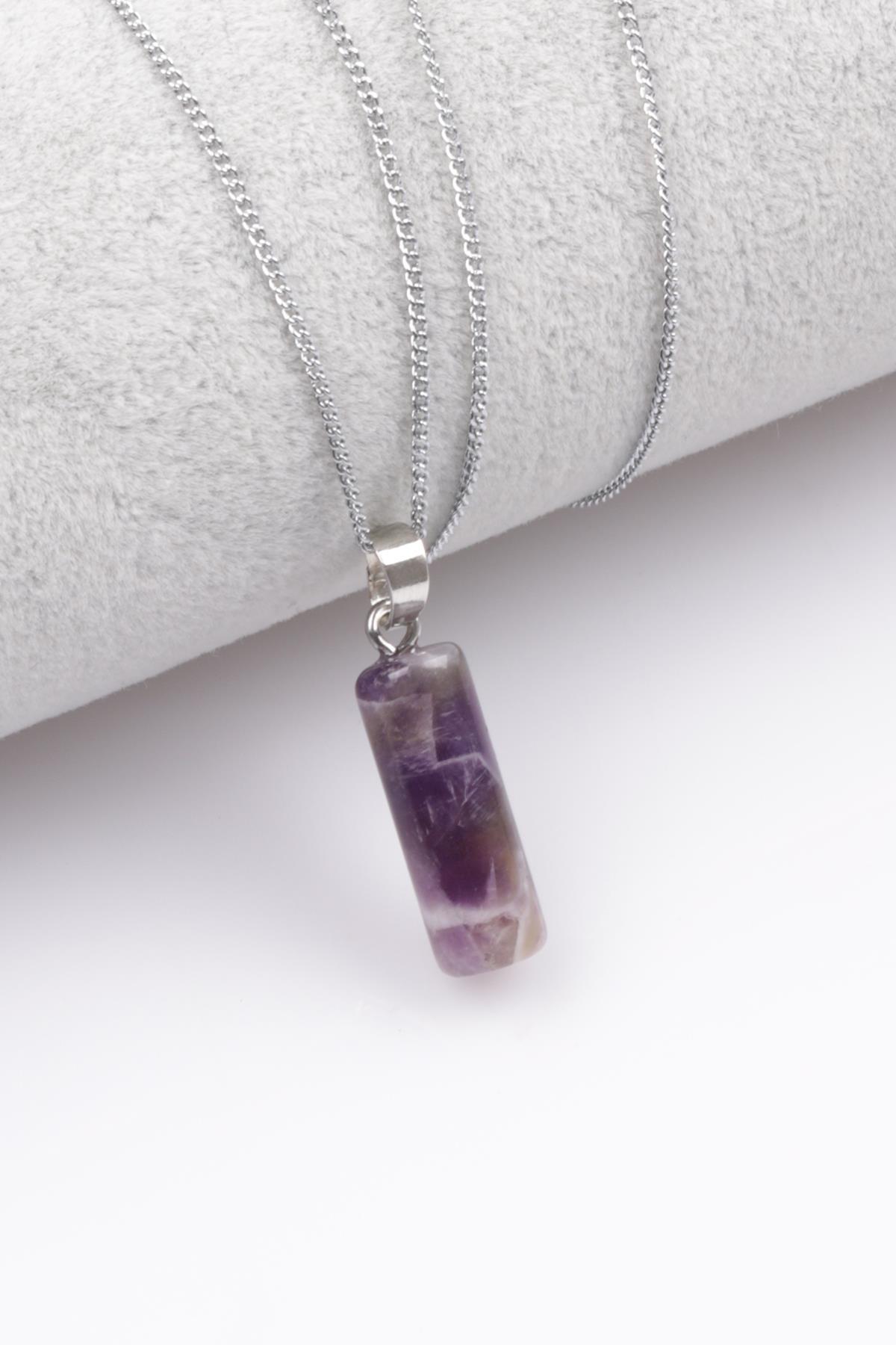 Ametist Doğal Taş Silindir Kesim Kolye