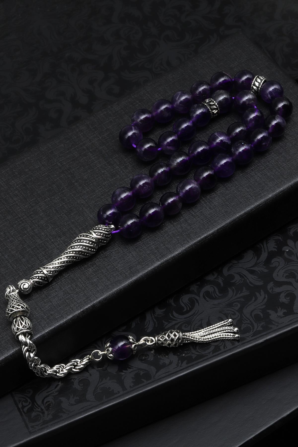 Ametist Doğal Taş Tesbih 925 Ayar Gümüş 8 mm Küre Kesim