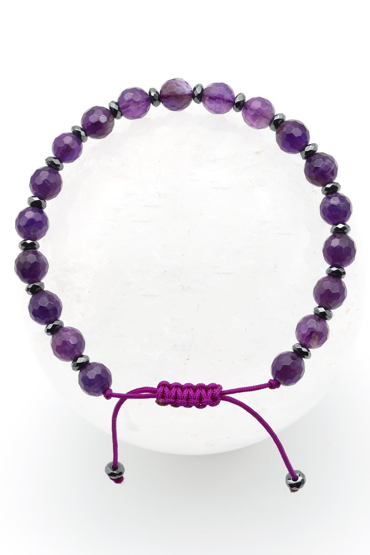 Ametist - Hematit Doğal Taş Makrome Örme Bileklik