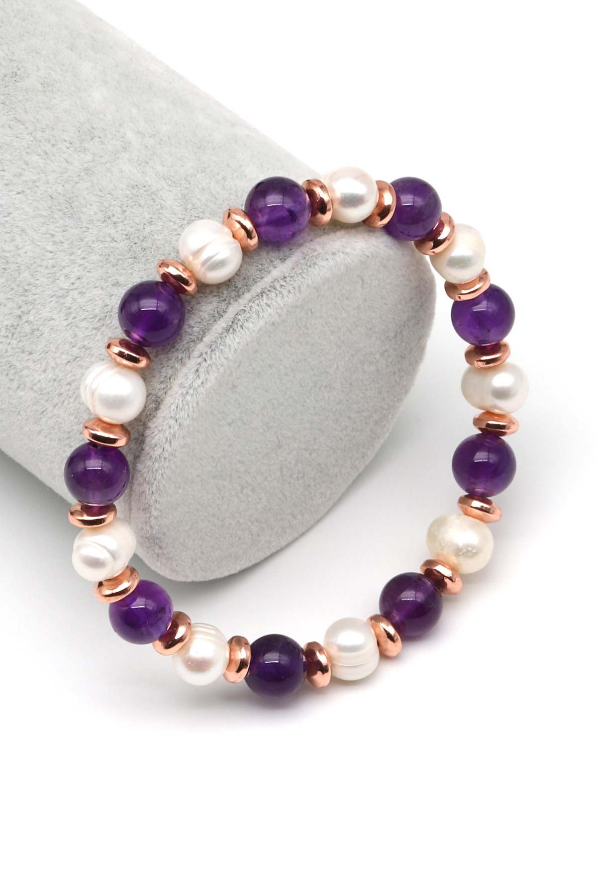 Ametist-İnci Doğal Taş Bileklik 8 mm Küre Kesim - BLK-2268