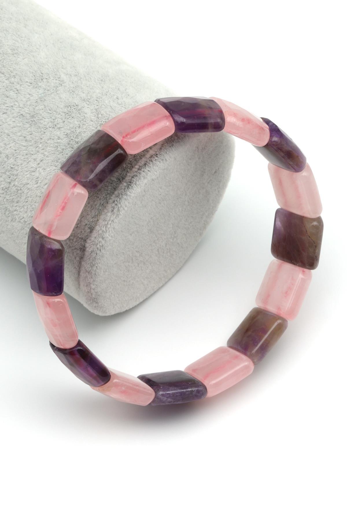 Ametist - Pembe Kuvars Doğal Taş Bileklik 13 x 15 mm Özel Kesim