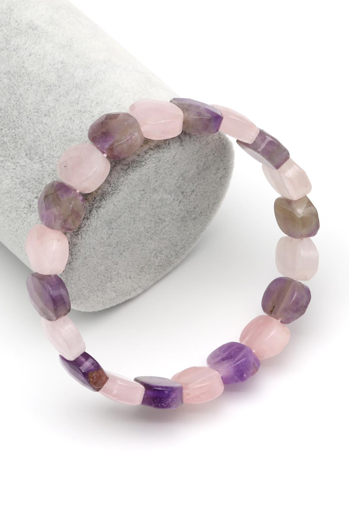 Ametist-Pembe Kuvars Doğal Taş Bileklik 10 x 14 mm Özel Kesim