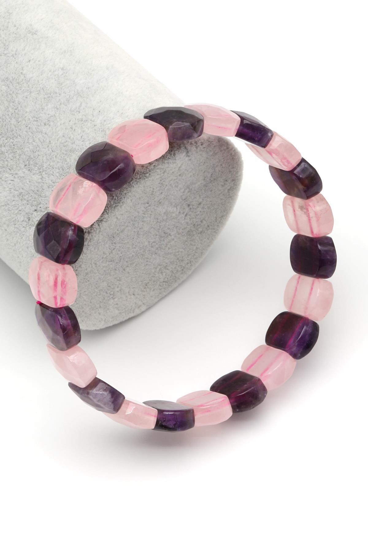 Ametist-Pembe Kuvars Doğal Taş Bileklik 9 x 14 mm Özel Kesim