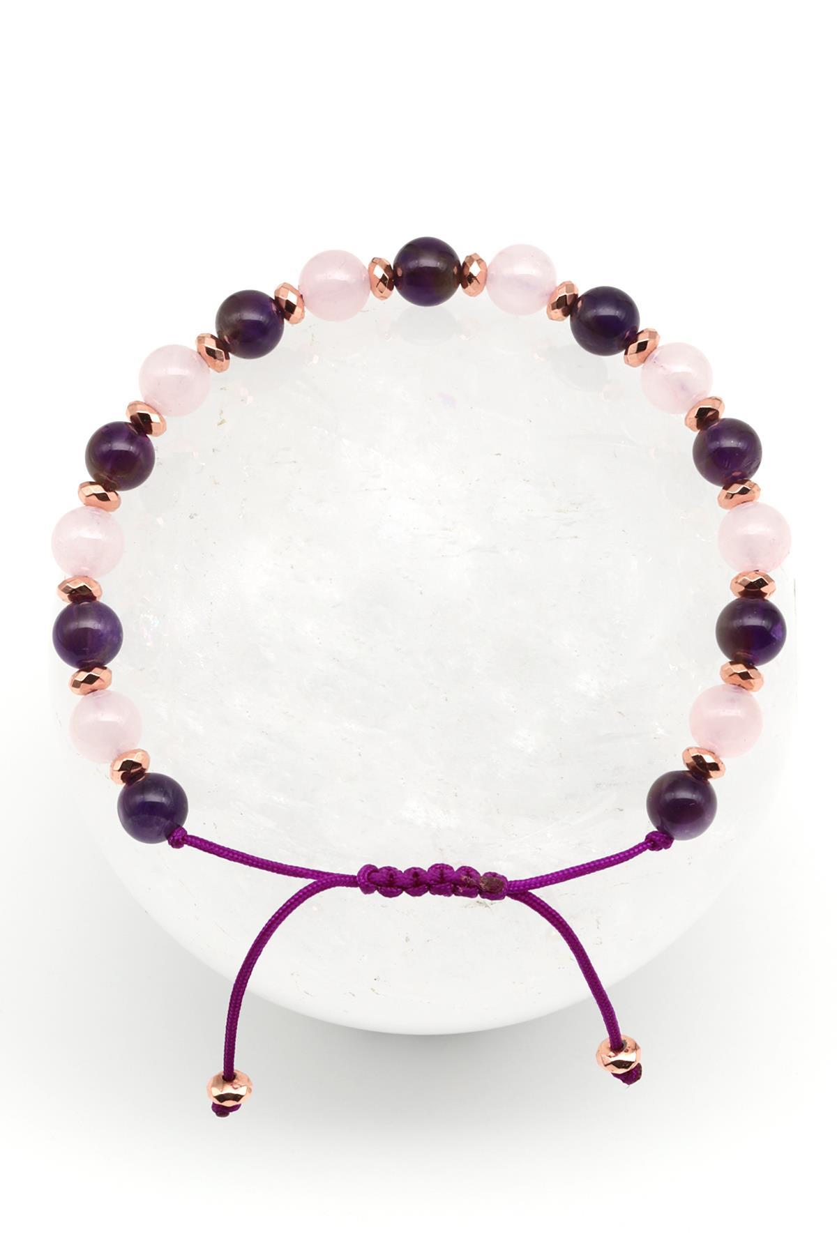 Ametist - Pembe Kuvars Doğal Taş Makrome Örme Bileklik Küre Kesim