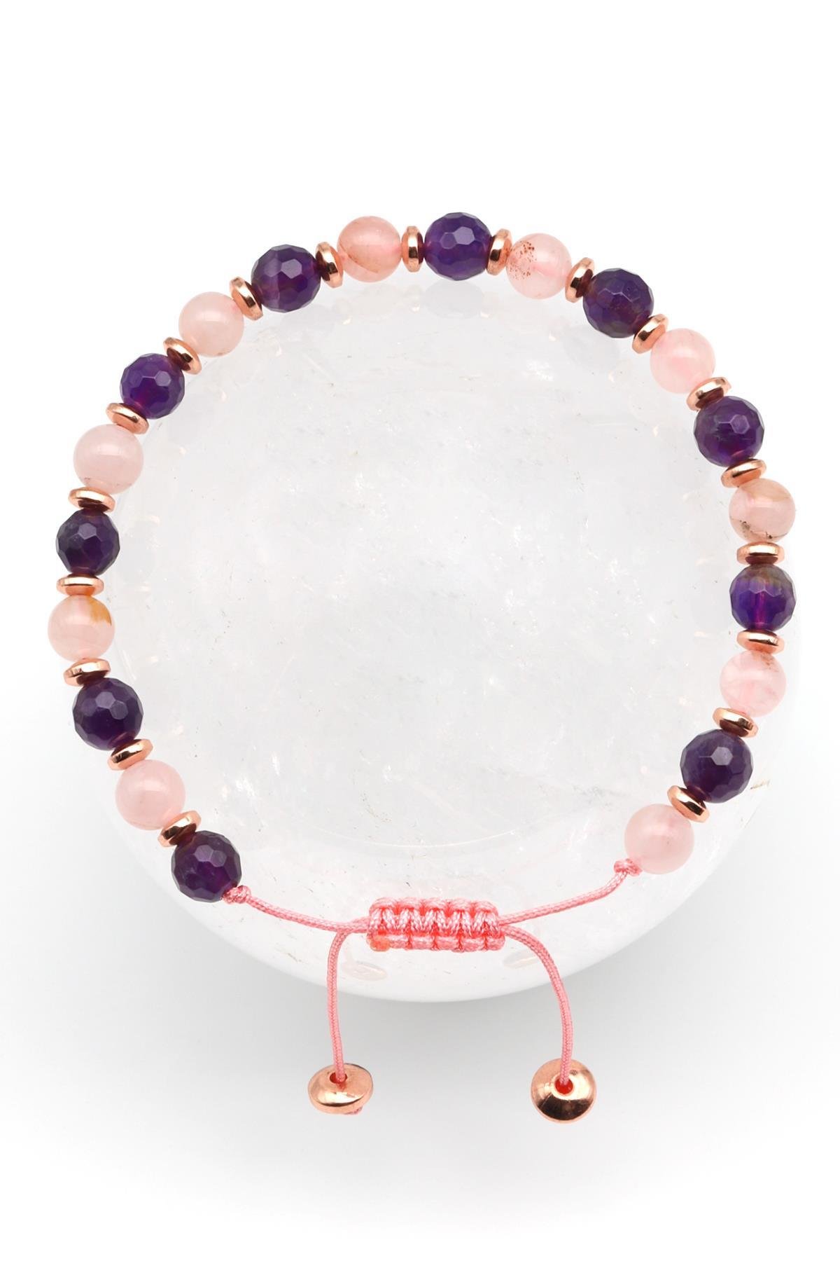 Ametist - Pembe Kuvars Doğal Taş Makrome Örme Bileklik