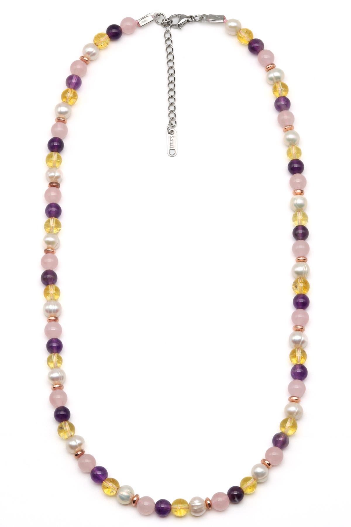 Ametist-Pembe Kuvars-İnci-Sitrin Doğal Taş Kolye