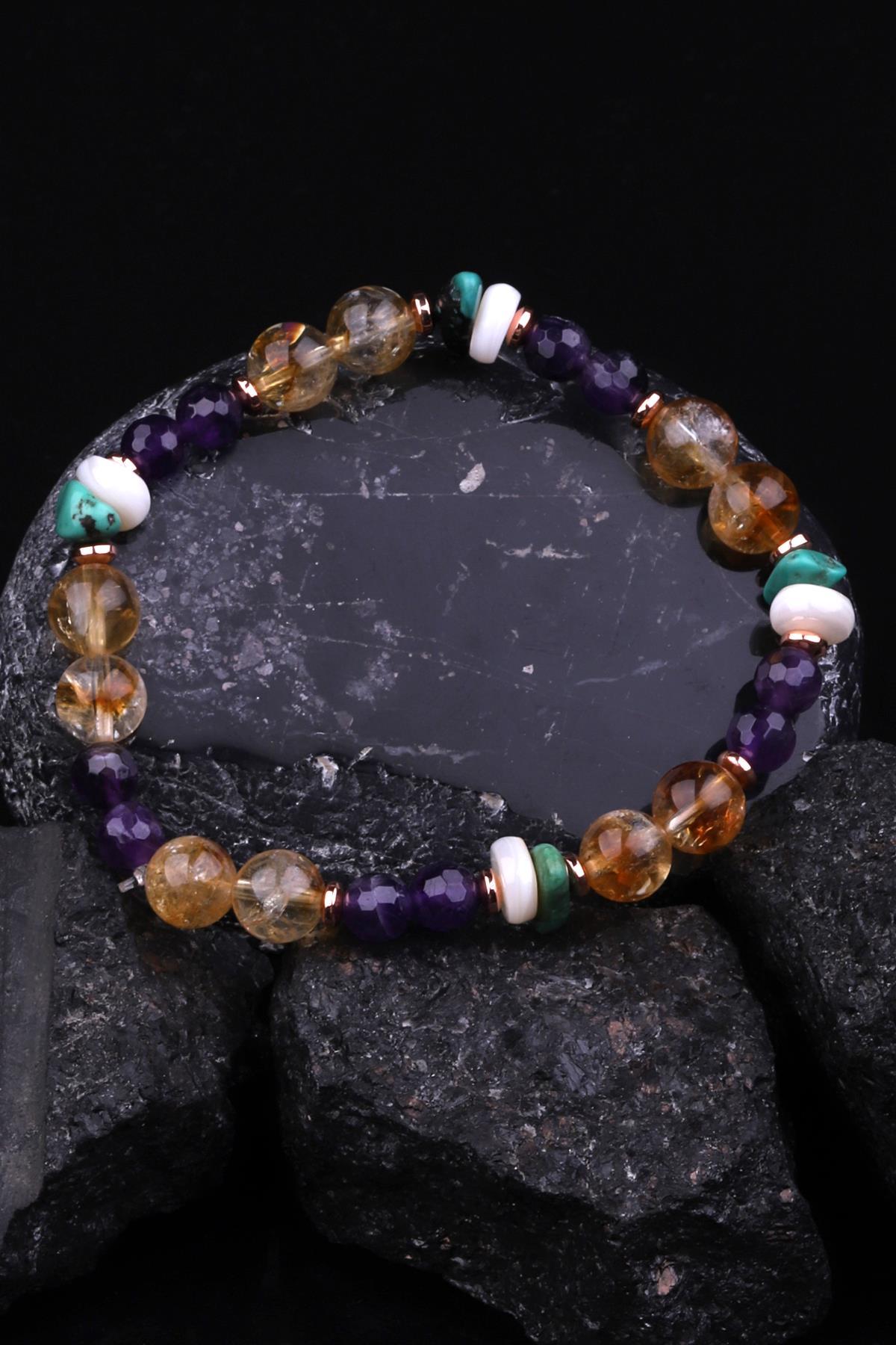 Ametist-Sitrin-Sedef-Orijinal Turkuaz-Hematit Doğal Taş Tasarım Bileklik