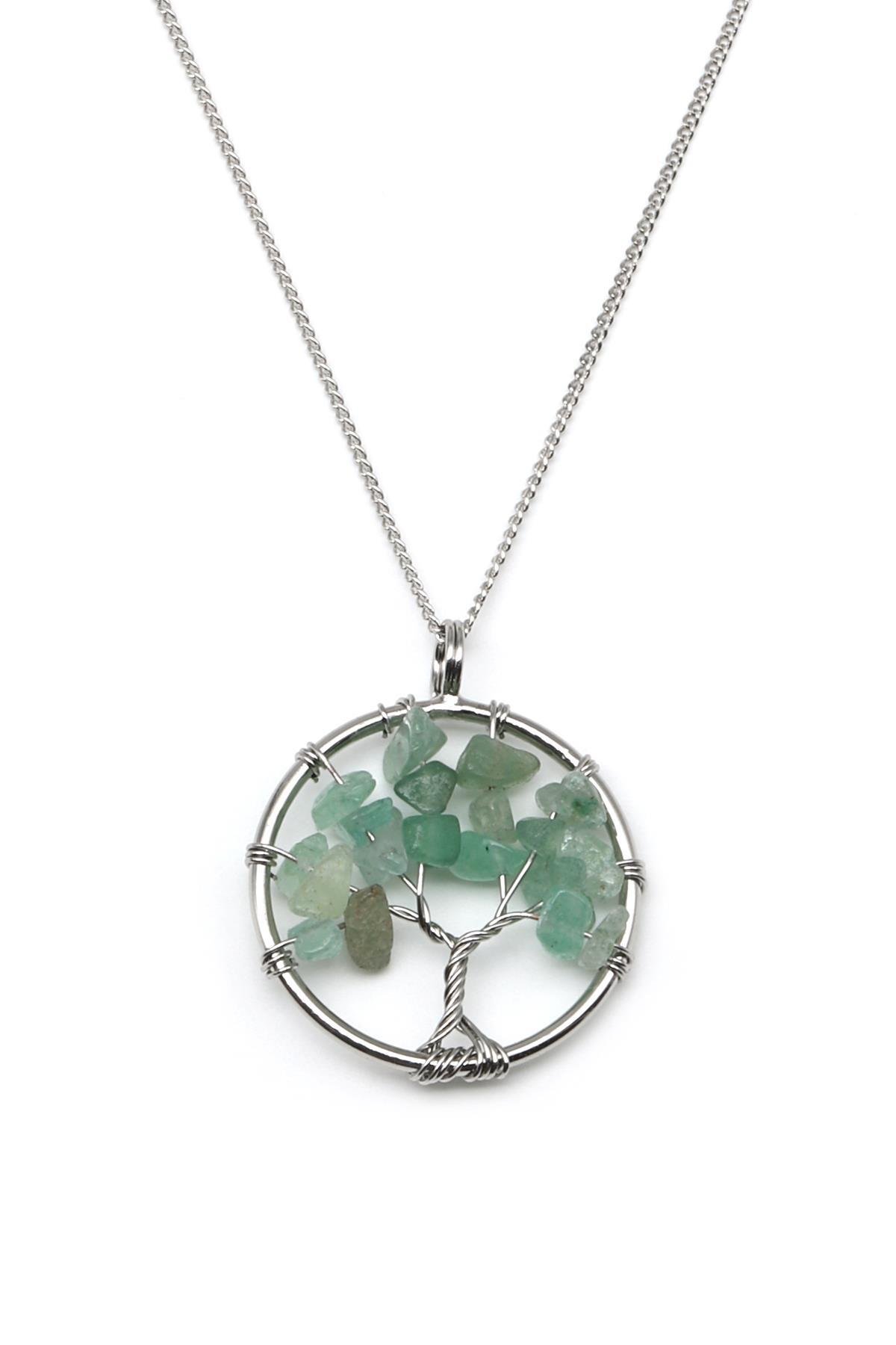 Aventurin Doğal Taş Tel Sarmalı Hayat Ağacı Kolye