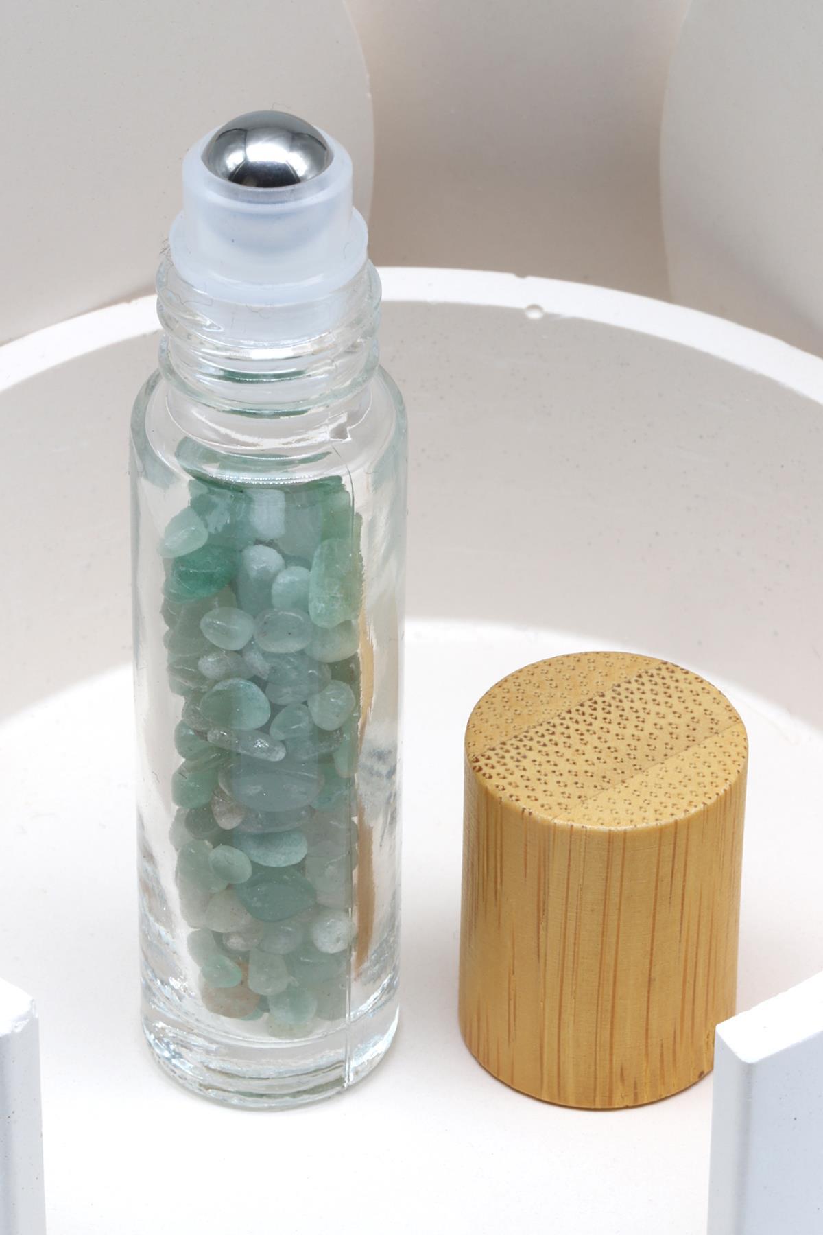 Aventurin Doğal Taşlı Bambu Kapaklı Doldurulabilir Esans ve Yağ Şişesi - Hematit Uçlu