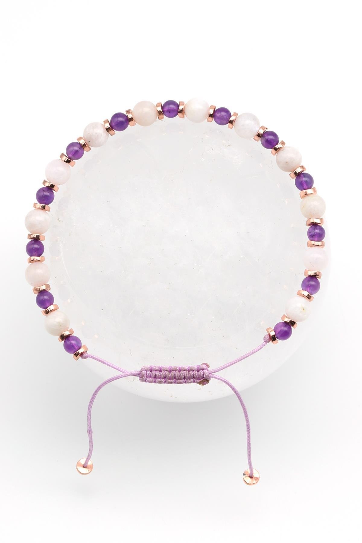 Ay Taşı - Ametist - Hematit Doğal Taş Makrome Örme Bileklik