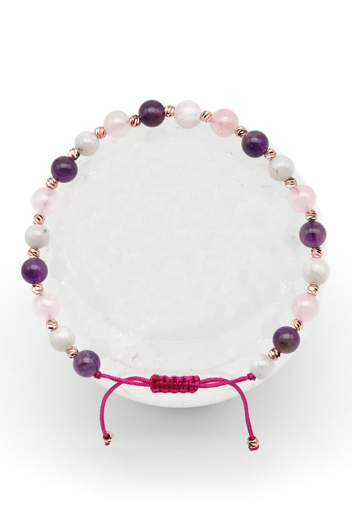 Ay Taşı-Ametist-Pembe Kuvars Doğal Taş Makrome Örme Bileklik Küre Kesim