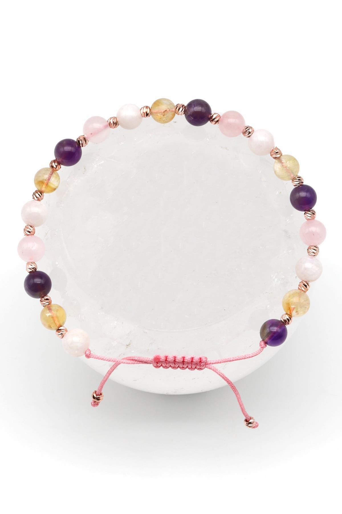 Ay Taşı-Ametist-Pembe Kuvars-Sitrin Doğal Taş Makrome Örme Bileklik Küre Kesim