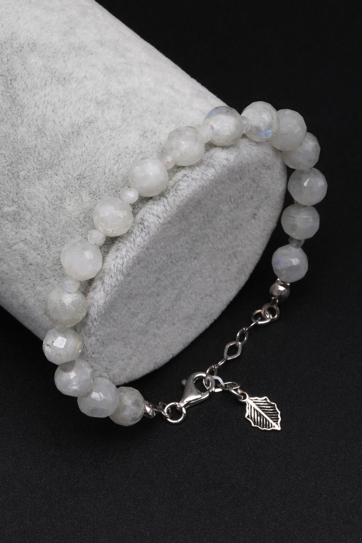 Ay Taşı Doğal Taş 925 Ayar Gümüş Bileklik Fasetli Küre Kesim