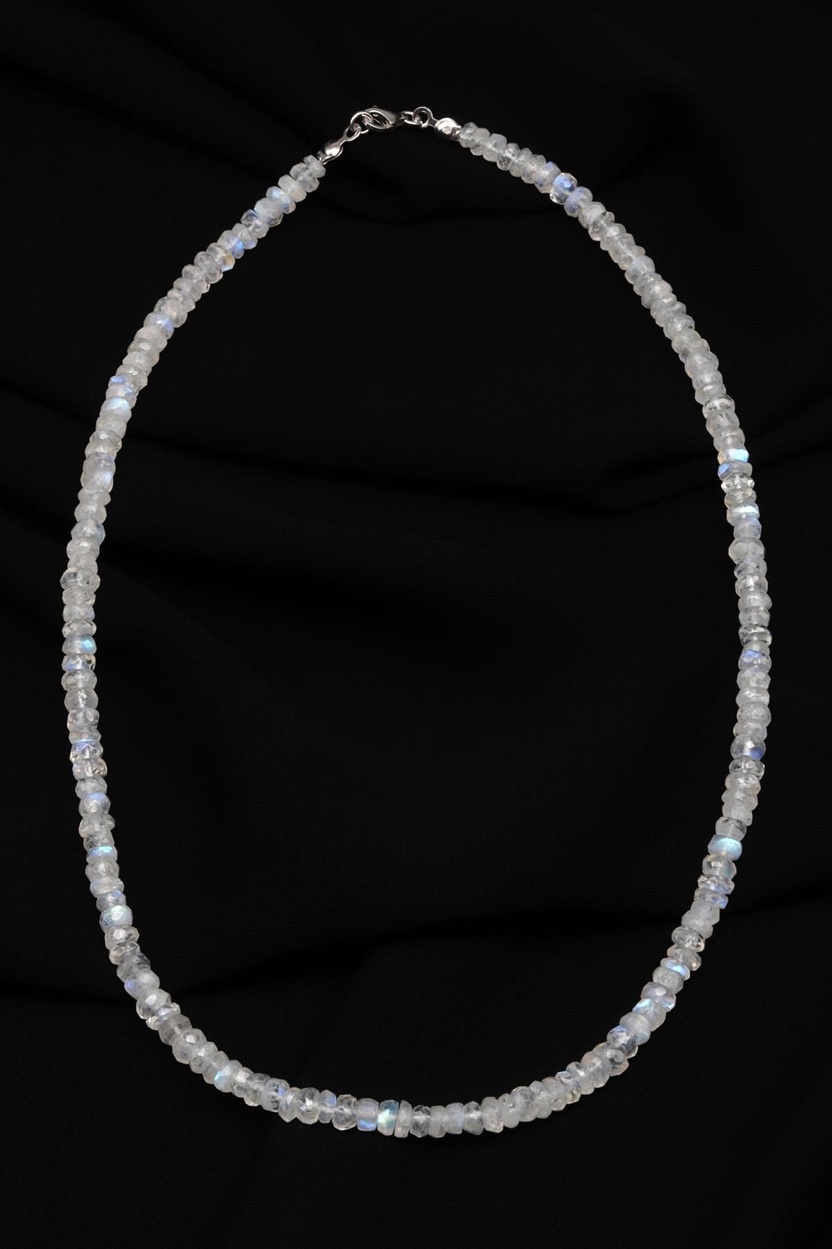 Ay Taşı Doğal Taş 925 Ayar Gümüş Rondel Kesim Kolye