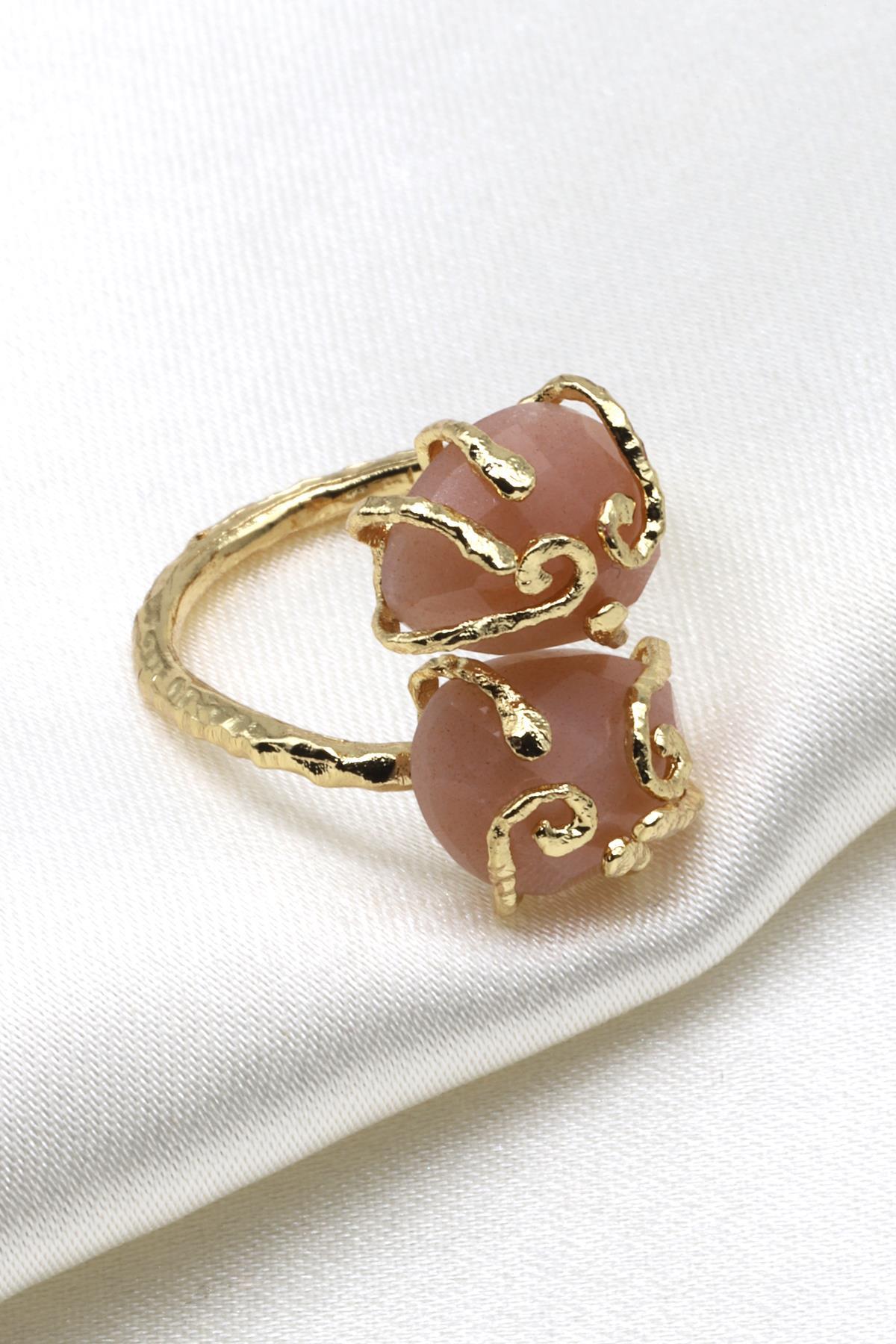 Ay Taşı Doğal Taş Ayarlanabilir Gold Renk Yüzük