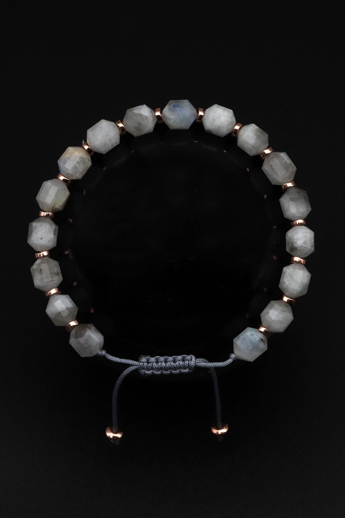 Ay Taşı Doğal Taş Makrome Örme Bileklik Hexagonal Kesim