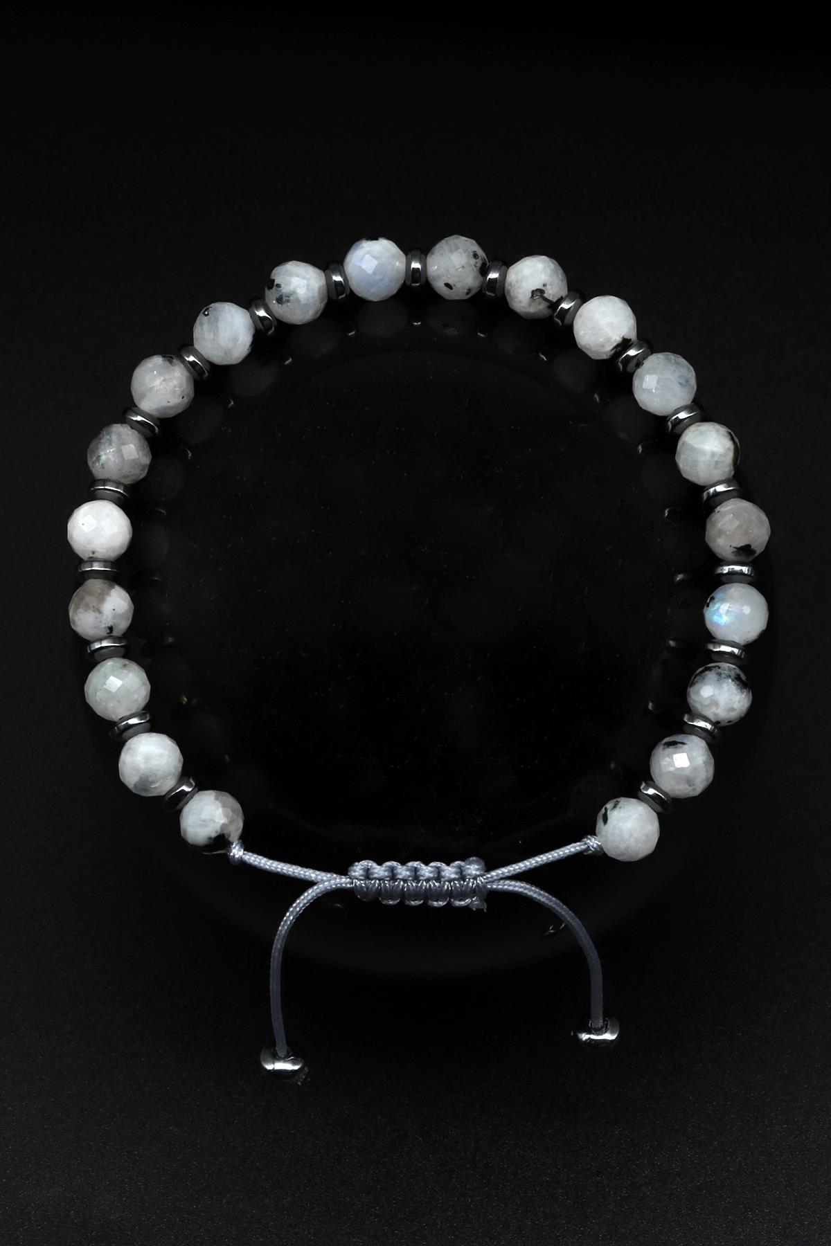 Ay Taşı Doğal Taş Makrome Örme Bileklik Fasetli Kesim