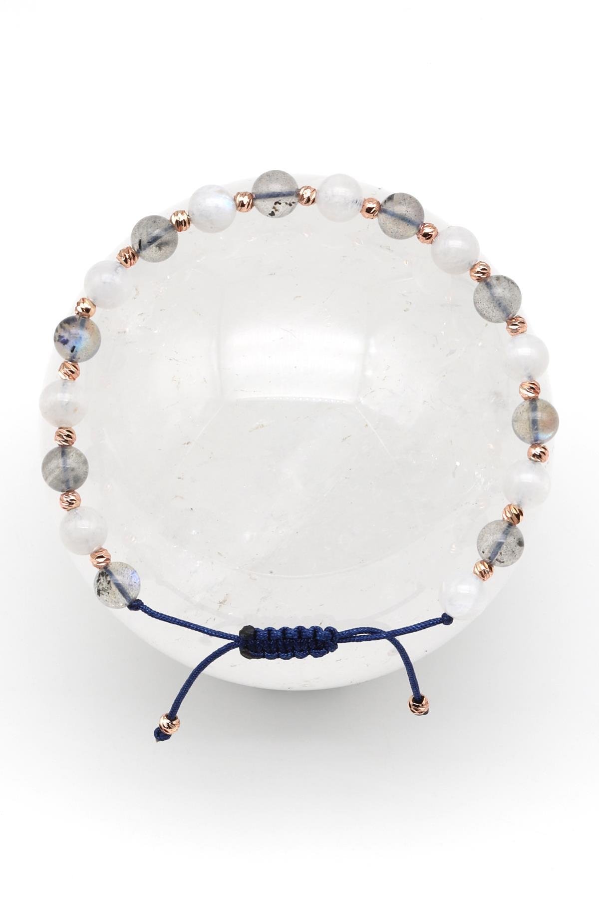 Ay Taşı-Labradorit Doğal Taş Makrome Örme Bileklik Küre Kesim