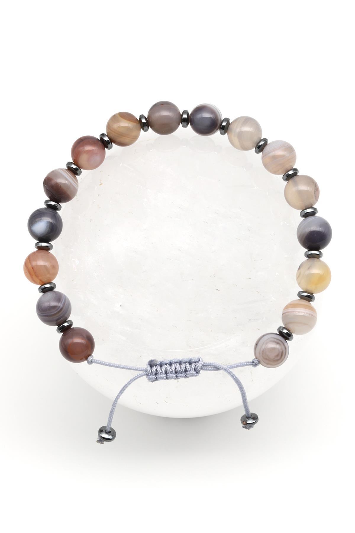 Botswana Akik - Hematit Doğal Taş Makrome Örme Bileklik Küre Kesim