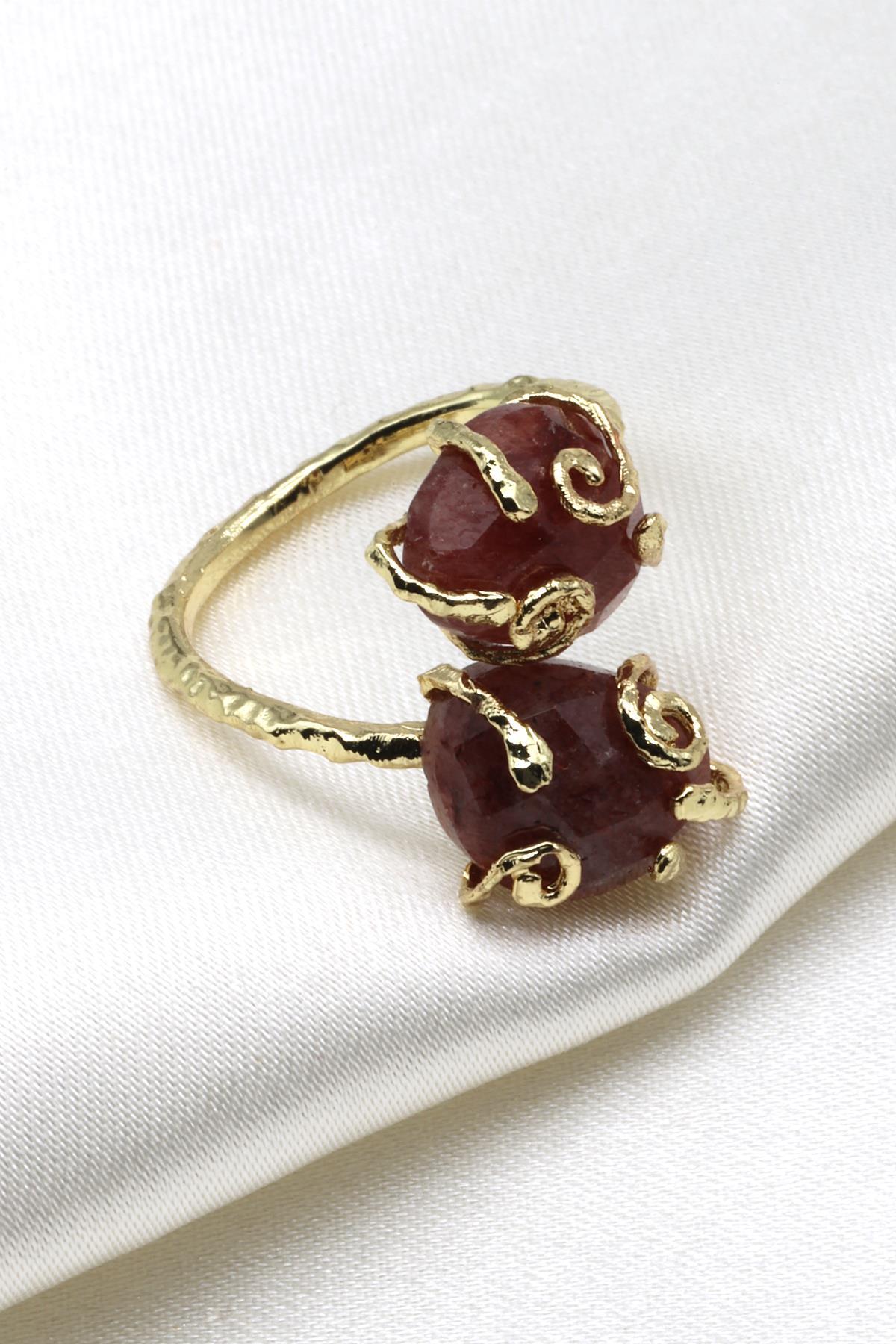 Çilek Kuvars Doğal Taş Ayarlanabilir Gold Renk Yüzük