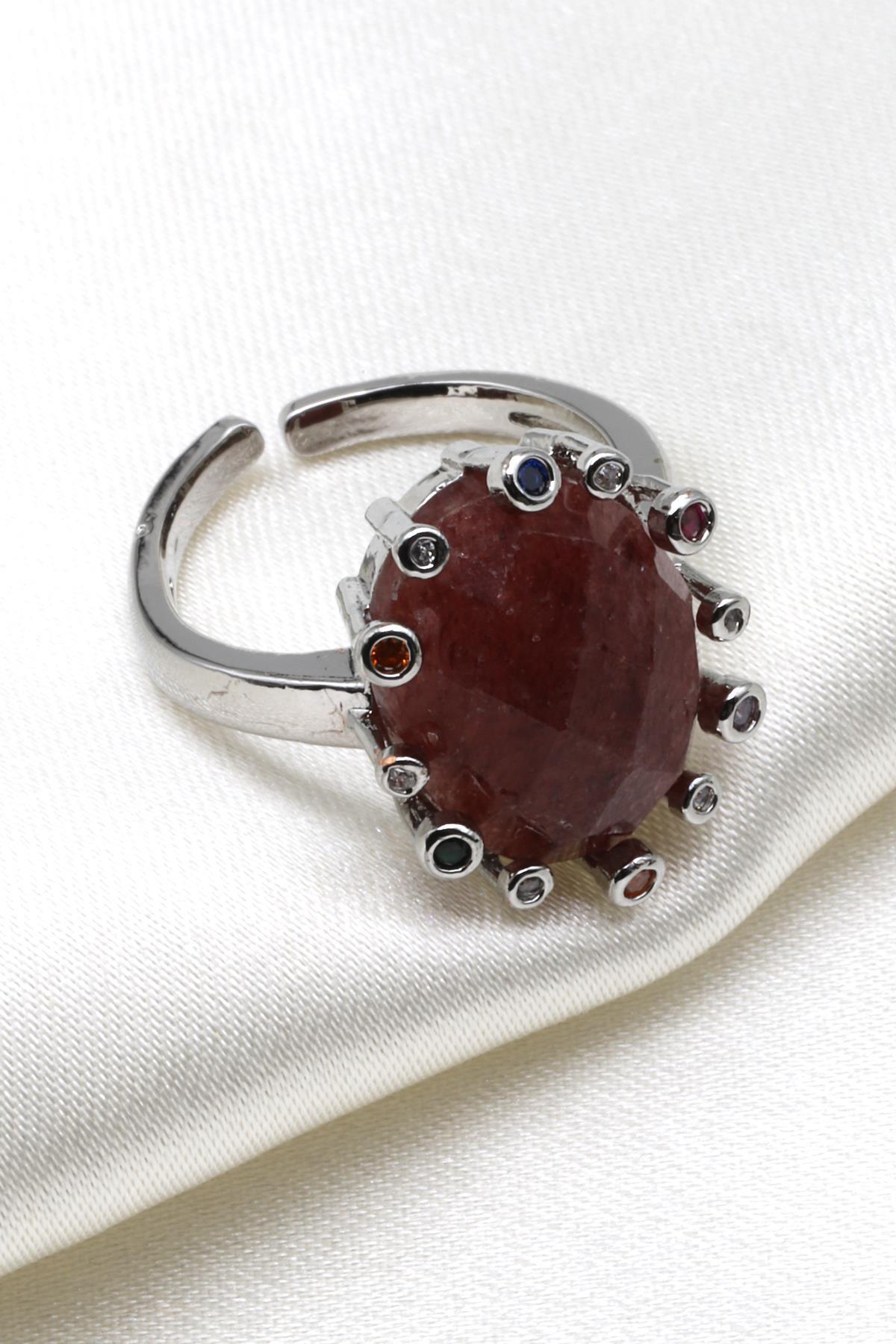 Çilek Kuvars Doğal Taş Ayarlanabilir Yüzük