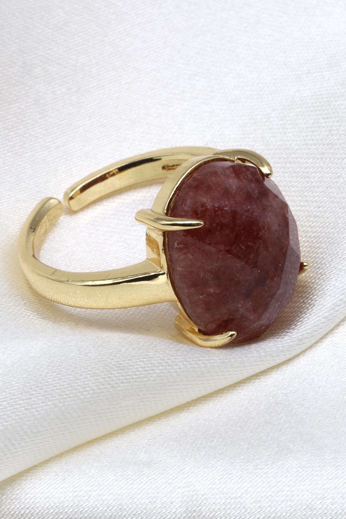 Çilek Kuvars Doğal Taş Gold Renk Ayarlanabilir Yüzük