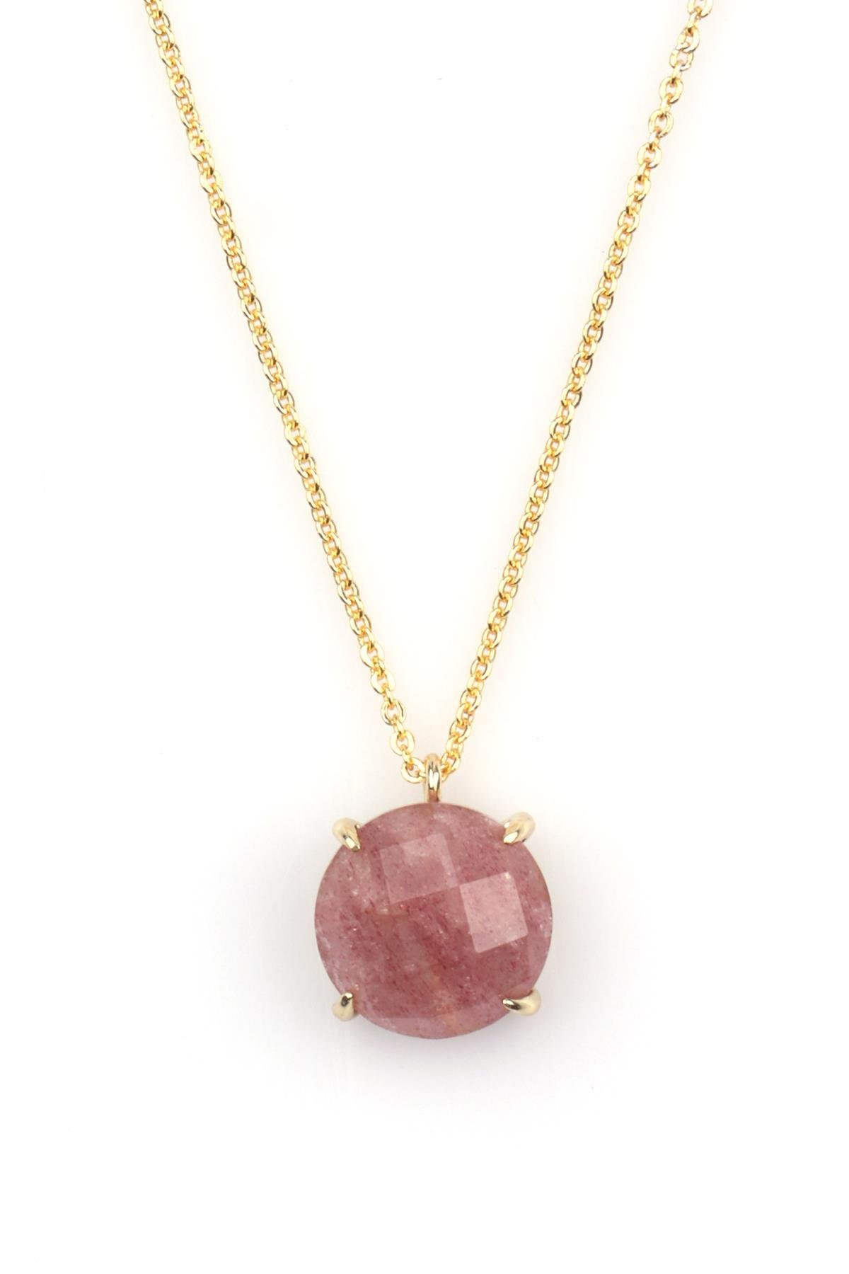 Çilek Kuvars Doğal Taş Gold Renkli Kolye