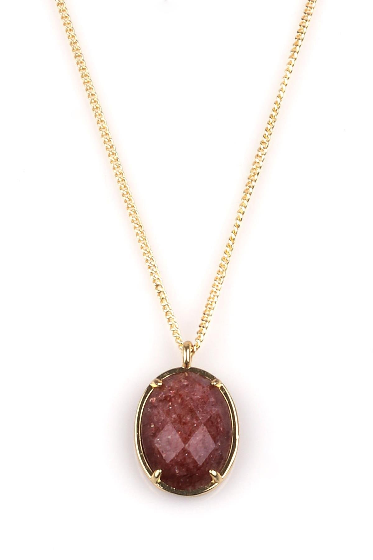 Çilek Kuvars Doğal Taş Gold Renkli Kolye