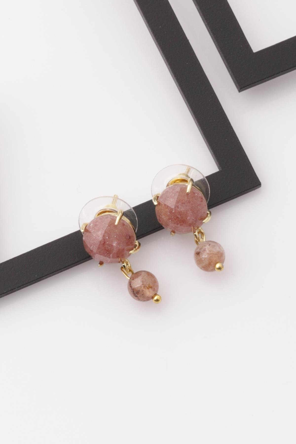 Çilek Kuvars Doğal Taş Gold Renkli Küpe