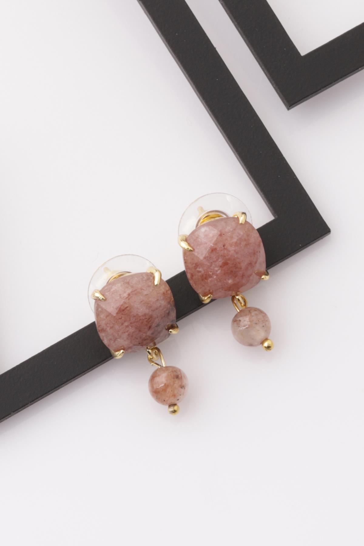 Çilek Kuvars Doğal Taş Gold Renkli Küpe