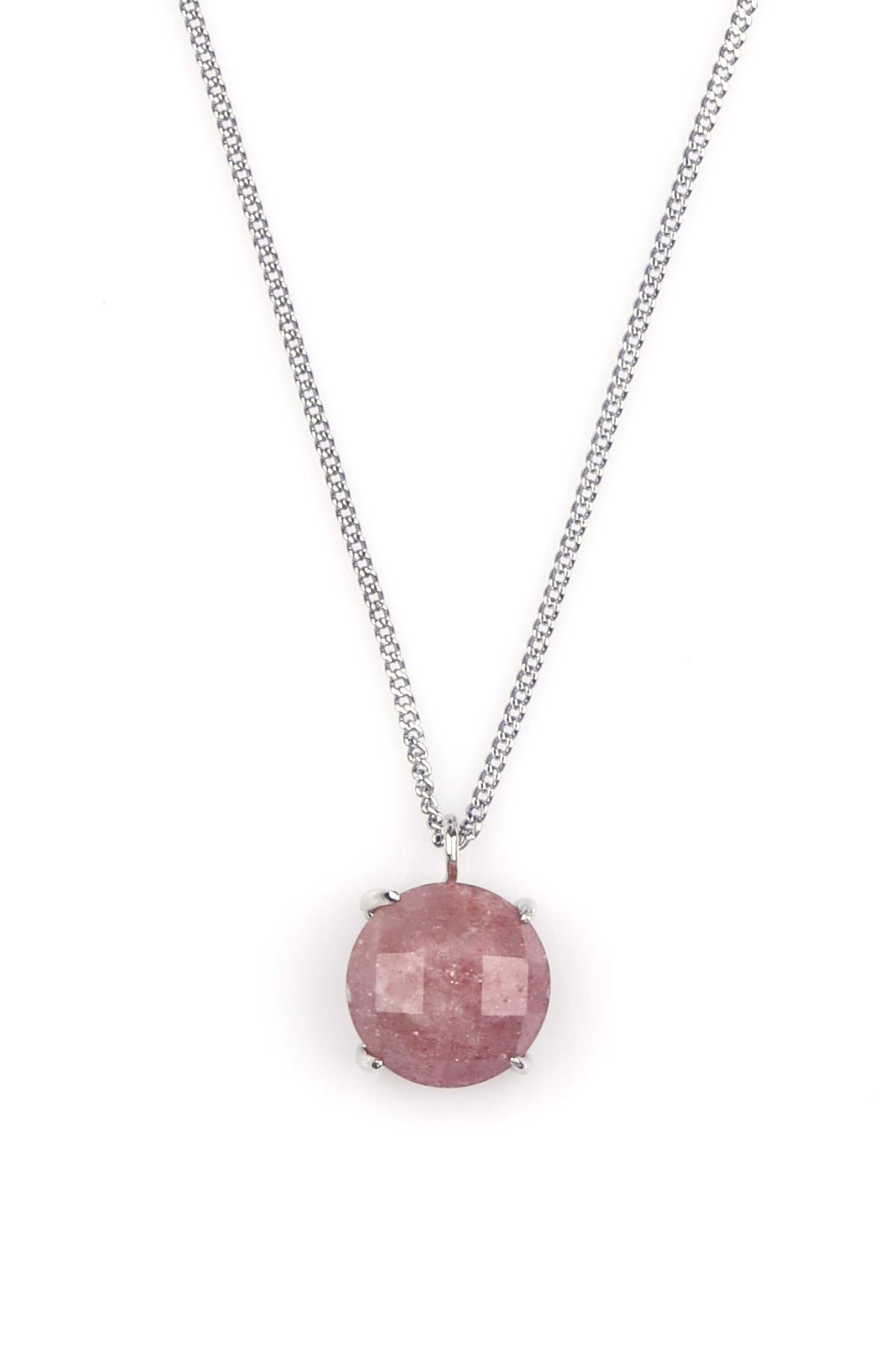Çilek Kuvars Doğal Taş Gümüş Renkli Kolye