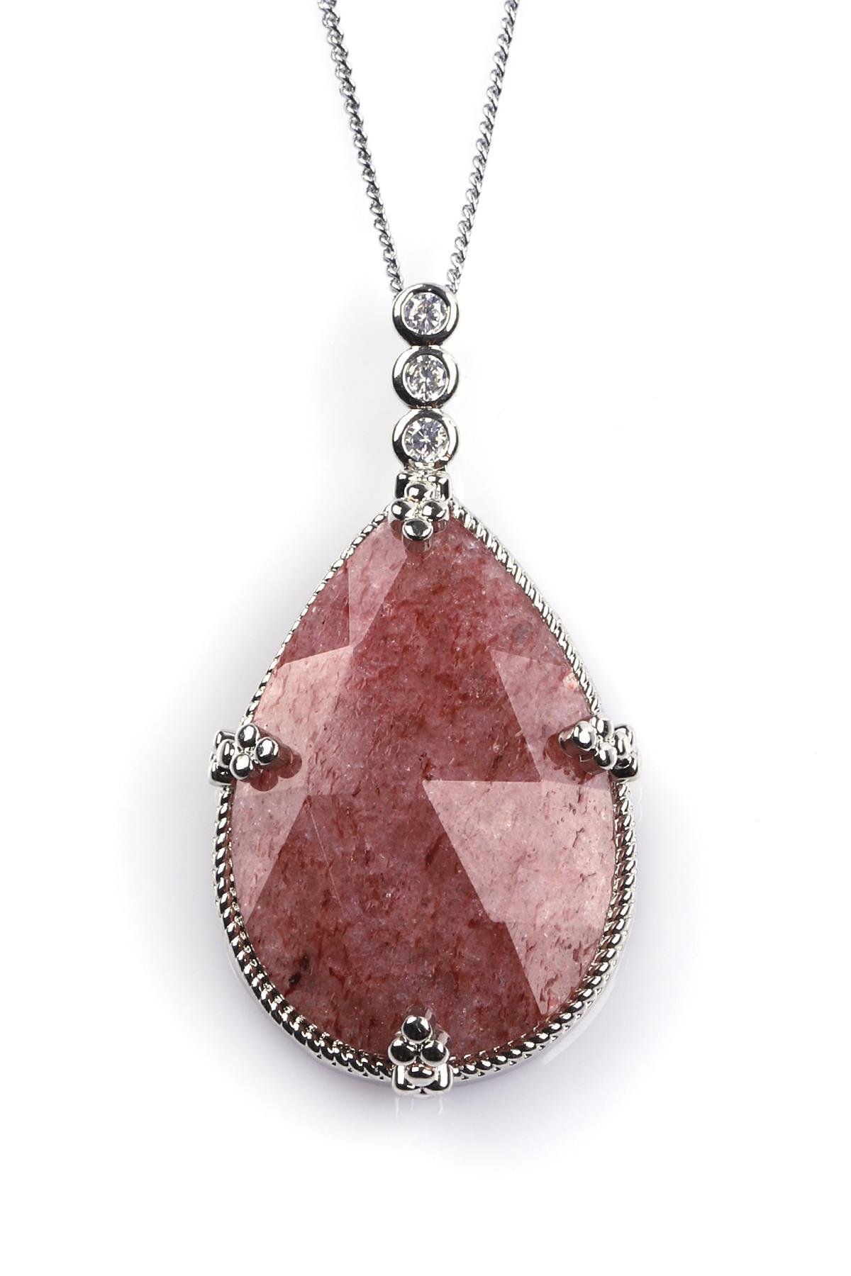 Çilek Kuvars Doğal Taş Kolye 