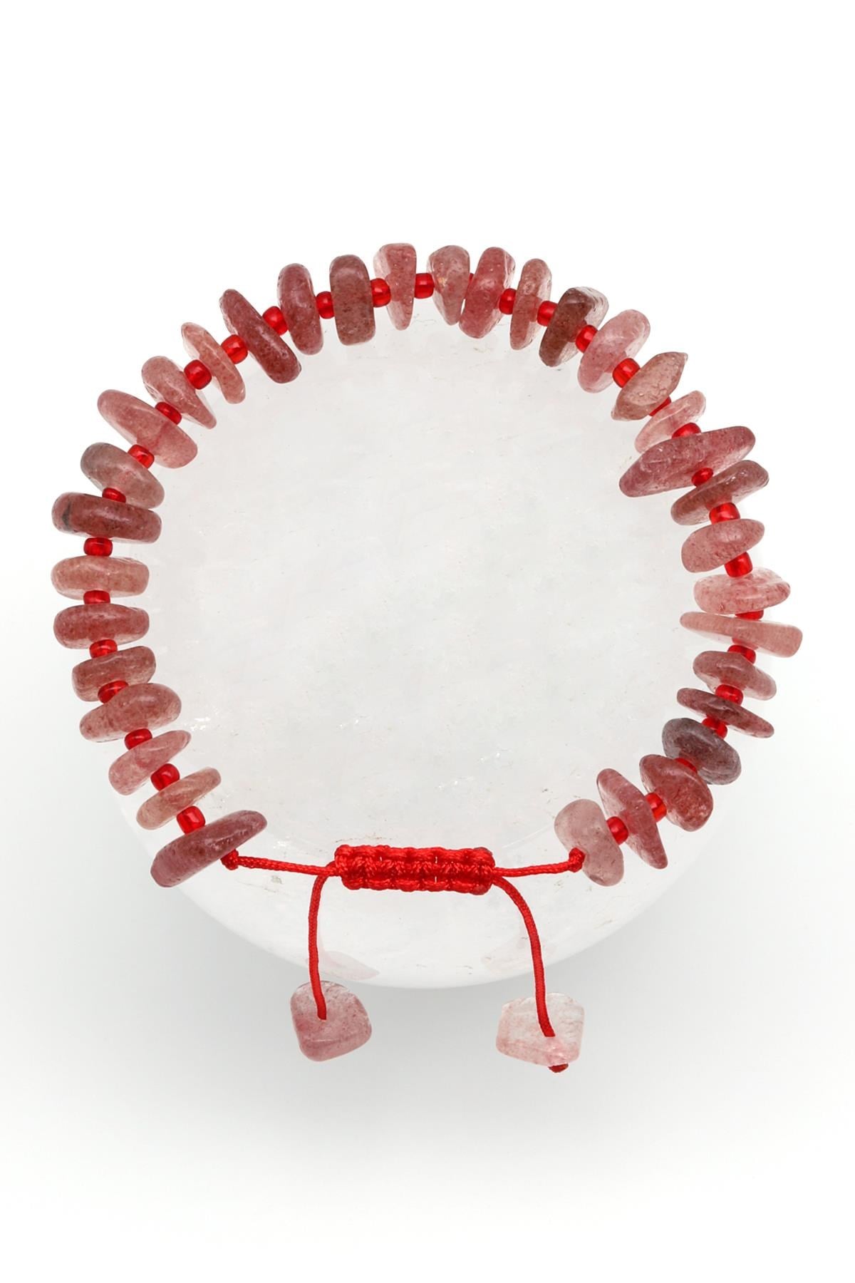 Çilek Kuvars Doğal Taş Makrome Örme Bileklik Şekilsiz Kesim