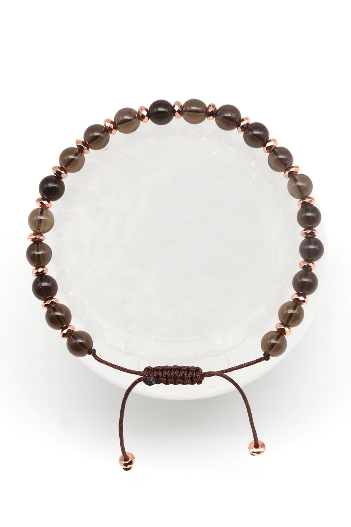 Dumanlı Kuvars Doğal Taş Makrome Örme Bileklik Küre Kesim