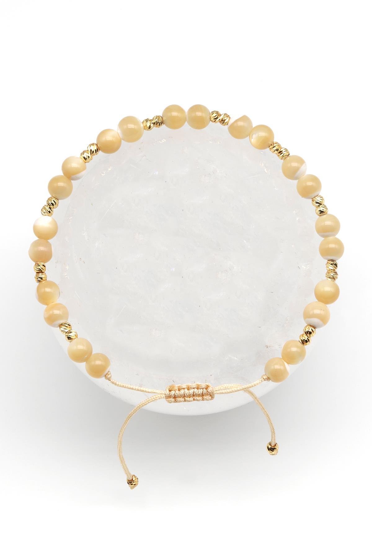 Esmer Sedef Doğal Taş Makrome Örme Bileklik Küre Kesim