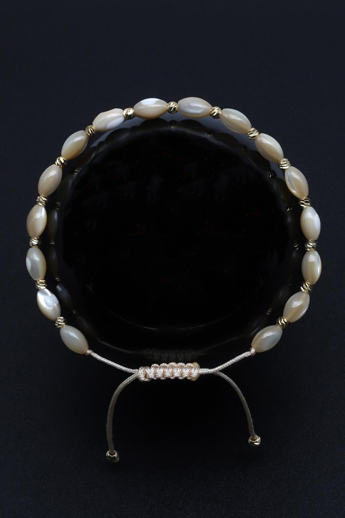 Esmer Sedef Doğal Taş Makrome Örme Bileklik Arpa Kesim