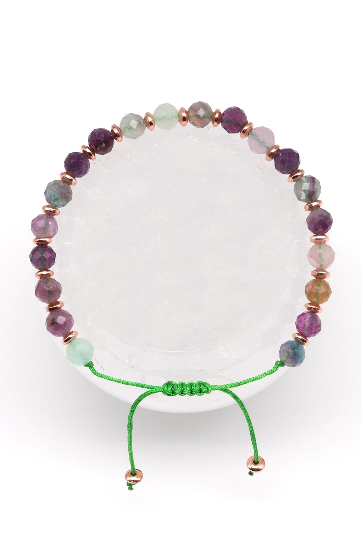 Florit Doğal Taş Makrome Örme Bileklik Fasetli Küre Kesim