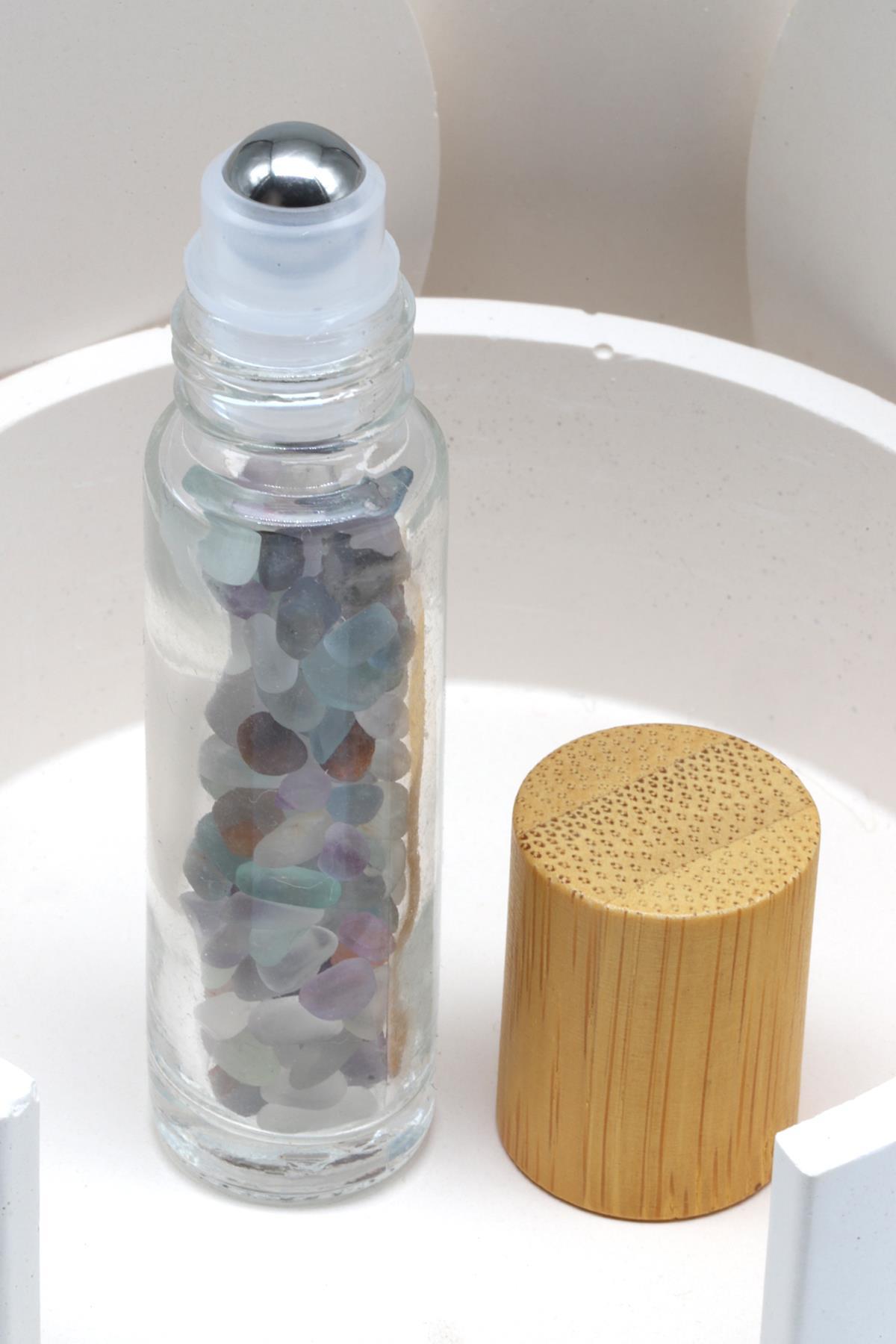 Florit Doğal Taşlı Bambu Kapaklı Doldurulabilir Esans ve Yağ Şişesi - Hematit Uçlu