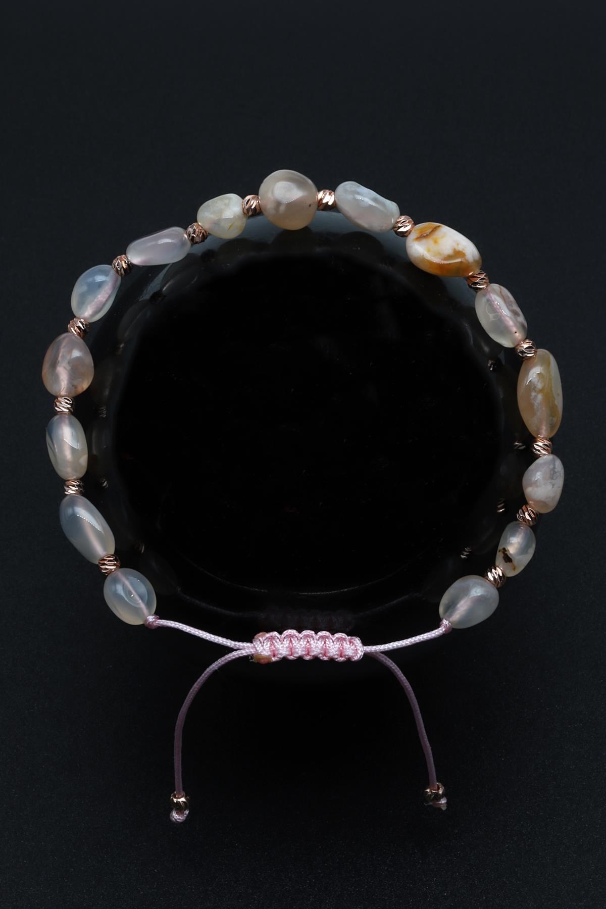 Flower Agate Doğal Taş Makrome Örme Bileklik Küre Kesim