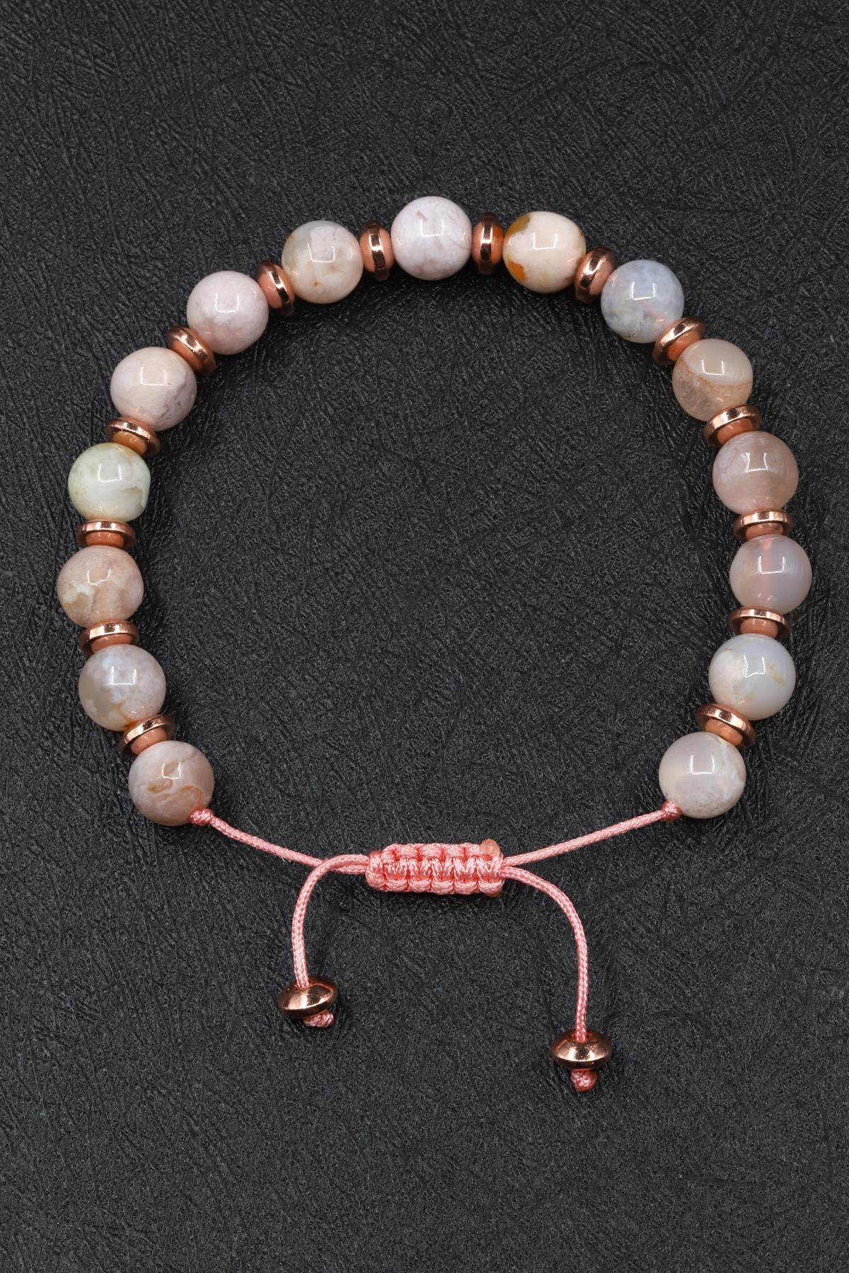 Flower Agate Doğal Taş Makrome Örme Bileklik