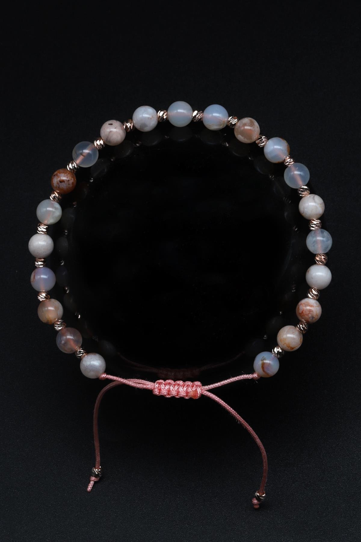 Flower Agate Doğal Taş Makrome Örme Bileklik Küre Kesim