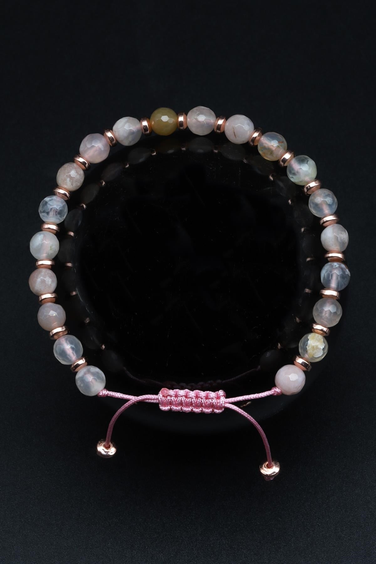 Flower Agate Doğal Taş Makrome Örme Bileklik Fastli Küre Kesim